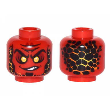 red minifigure head alien lava monster with yellow eyes black rocks and lopsided grin with teeth pattern