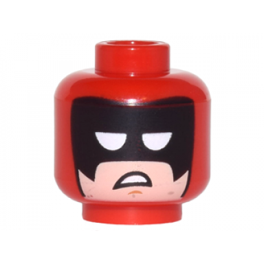 red minifigure head balaclava with black eye mask white eye openings light nougat face and scowl pattern calendar man
