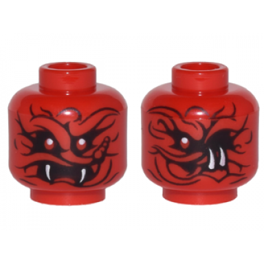 red minifigure head dual sided alien snake with black wavy lines 2 red eyes and 2 white fangs 1 red eye and 2 white fangs on side pattern