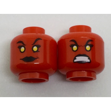 red minifigure head dual sided alien female with yellow eyes black lips smile teeth bared fierce pattern