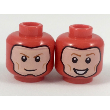 red minifigure head dual sided balaclava with light nougat face dark orange eyebrows grin broad smile with teeth pattern