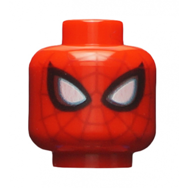 red minifigure head alien with spider-man dark red webbing large white eyes with metallic light blue edges and black borders pattern