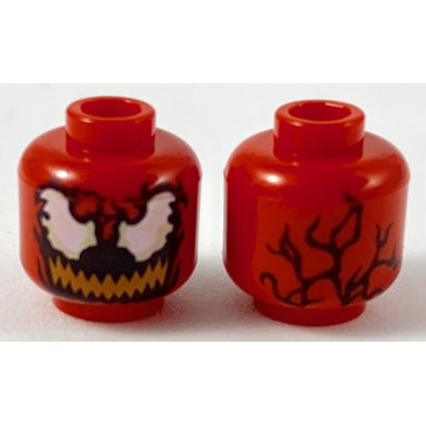 red minifigure head alien with large white eyes and medium nougat wide grin with sharp teeth on black pattern carnage