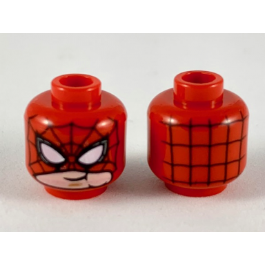 red minifigure head alien with spider-man black webbing and white eyes mask pulled up showing mouth pattern