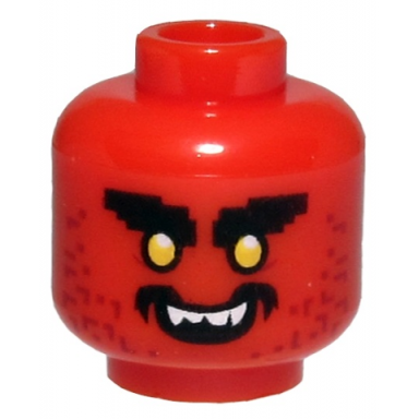 red minifigure head alien with black bushy eyebrows yellow eyes dark red stubble open mouth smile with white teeth pattern
