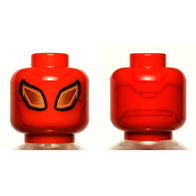 red minifigure head alien with large gold eyes with black outline dark red lines on back pattern