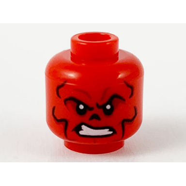 red minifigure head alien with black and dark red contour lines nose hole nasal cavity and scowl with white teeth pattern