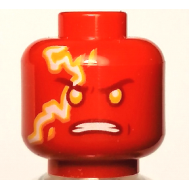 red minifigure head alien with bright light orange eyes dark red eyebrows white bared teeth and electricity pattern