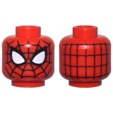 red minifigure head alien with spider-man black webbing and large white eyes pattern