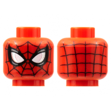 red minifigure head alien with spider-man black webbing large white eyes with silver edges and black and dark silver borders pattern