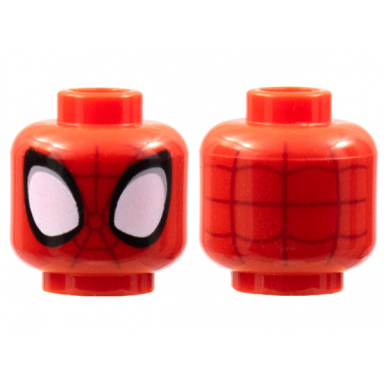 red minifigure head alien with spider-man dark red webbing large white eyes with light bluish gray edges and black borders pattern