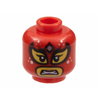 red minifigure head balaclava yellow eyes and mouth with black outlines silver spots and diamond on forehead scowl pattern