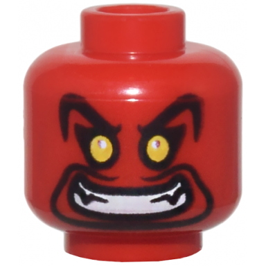 red minifigure head alien large black eyebrows goatee yellow eyes and open mouth evil grin pattern
