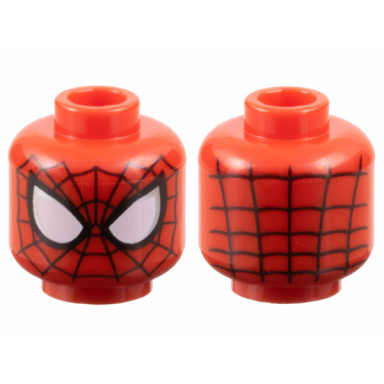 red minifigure head alien with spider-man black webbing large white eyes with silver edges and black borders pattern