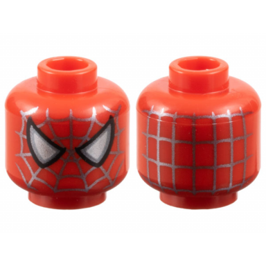 red minifigure head alien with spider-man dark silver webbing large silver eyes with dark silver edges and black borders pattern