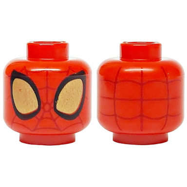 red minifigure head alien with spider-man dark red webbing large gold eyes with black borders pattern