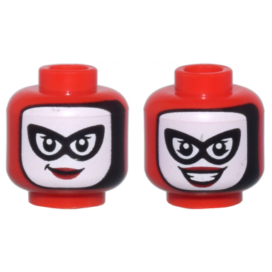 red minifigure head dual sided female balaclava white face black eye mask and single eyelashes dark red lips smirk open mouth smile with teeth pattern