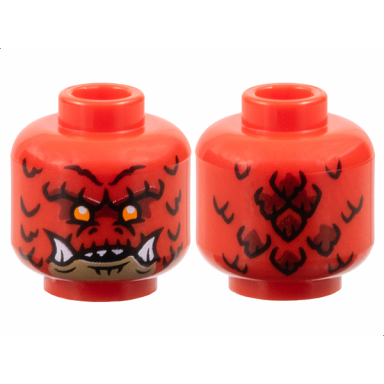 red minifigure head alien dragon with orange eyes dark red eye shadow dark tan chin scales nostrils pronounced brow open mouth with sharp top teeth and bottom fangs pattern