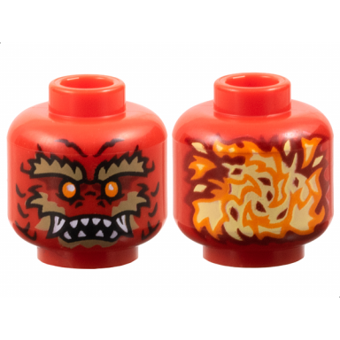red minifigure head alien dragon with orange eyes dark red eye shadow dark tan bushy eyebrows cheeks and chin scales nostrils open mouth with sharp teeth parted and fangs bright light yellow flames on back pattern