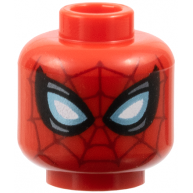 red minifigure head alien with spider-man dark red webbing large white eyes with metallic light blue edges black and dark silver borders pattern
