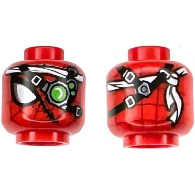 red minifigure head alien with spider-man dark red webbing large white and silver eye cyborg eyepiece with bright green lens black straps stitches bandana pattern