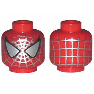 red minifigure head alien with spider-man silver webbing large silver eyes with black borders pattern
