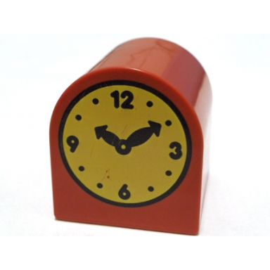 red duplo brick 2 x 2 x 2 slope curved double with clock hands 10:10 pattern
