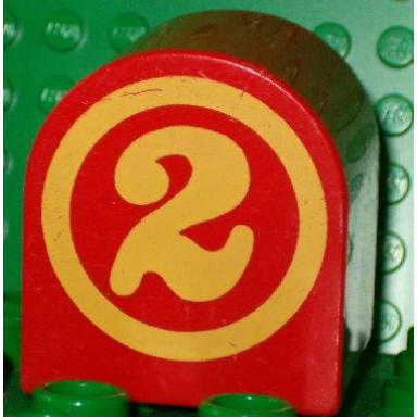 red duplo brick 2 x 2 x 2 slope curved double with circled number 2 pattern