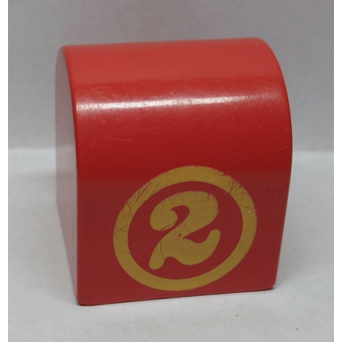 red duplo brick 2 x 2 x 2 slope curved double with circled number 2 pattern on curved sides
