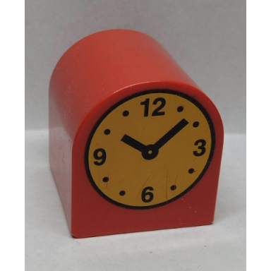 red duplo brick 2 x 2 x 2 slope curved double with clock hands 10:08 pattern