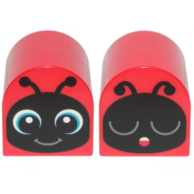 red duplo brick 2 x 2 x 2 slope curved double with blue insect face eyes open awake eyes closed asleep pattern