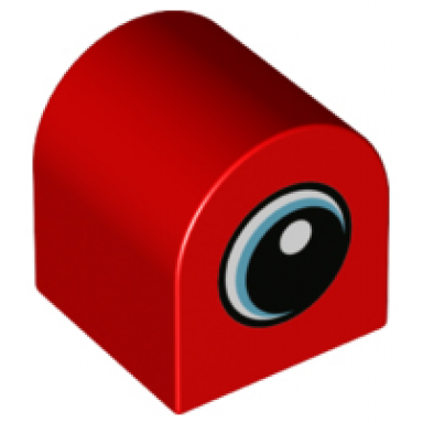 red duplo brick 2 x 2 x 2 slope curved double with white spot and medium azure circled eye looking right pattern
