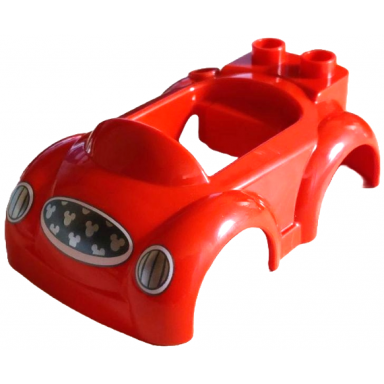 red duplo car body with 2 studs on back small windshield and hitch with silver headlights and dark silver grille with mouse heads pattern