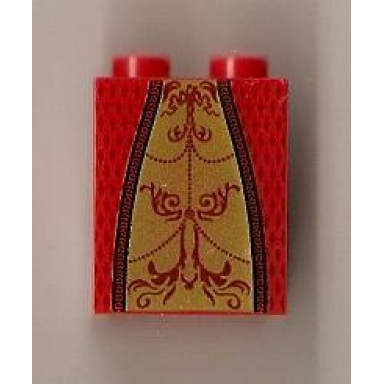 red slope 65 2 x 2 x 2 with bottom tube with minifigure dress skirt robe gold panel with dark red trim and background pattern