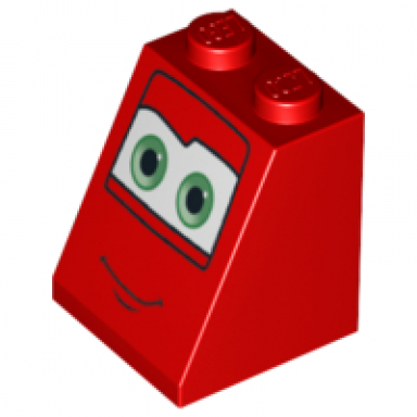 red slope 65 2 x 2 x 2 with bottom tube with green eyes on white background and smile pattern 2