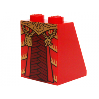 red slope 65 2 x 2 x 2 with bottom tube with minifigure dress skirt robe dark red armor and gold belt chains and pendants pattern