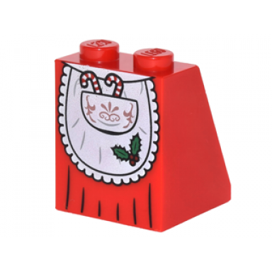 red slope 65 2 x 2 x 2 with bottom tube with minifigure dress skirt robe apron with candy canes in pocket pattern