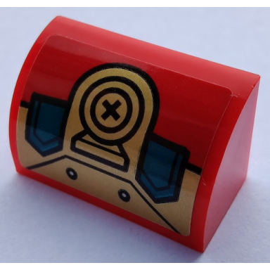 red slope curved 1 x 2 with gold and dark turquoise hull plates and circles pattern sticker - set 80012