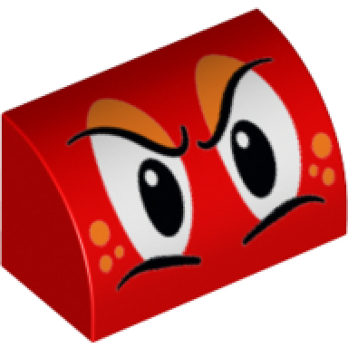 red slope curved 1 x 2 with black and white stern eyes orange eye shadow and freckles pattern