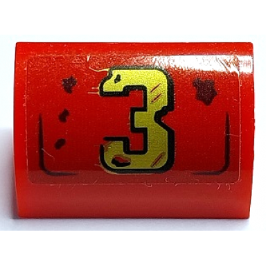red slope curved 1 x 2 with gold number 3 and dark brown rust marks pattern sticker - set 70436