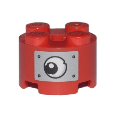 red brick round 2 x 2 with axle hole with black and white eye with pupil and metal rivets pattern sticker - set 70840