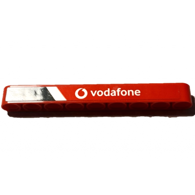 red technic liftarm thick 1 x 9 with black and white stripes and vodafone logo pattern model left side sticker - set 42137