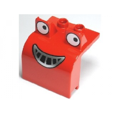red duplo bulldozer front with eyes looking left and smile pattern muck