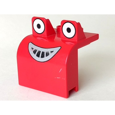 red duplo bulldozer front with eyes looking straight and smile pattern muck