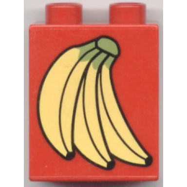 red duplo brick 1 x 2 x 2 with bananas pattern
