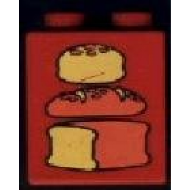 red duplo brick 1 x 2 x 2 with 3 loaves of bread middle dark pattern