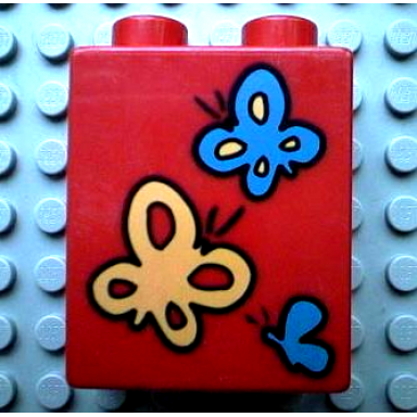 red duplo brick 1 x 2 x 2 with blue and yellow butterflies pattern