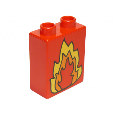 red duplo brick 1 x 2 x 2 with fire pattern