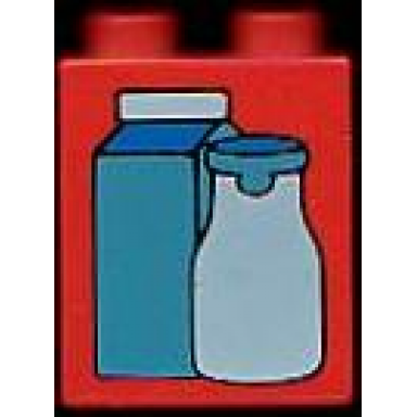 red duplo brick 1 x 2 x 2 with carton and bottle pattern