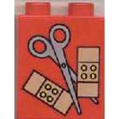 red duplo brick 1 x 2 x 2 with scissors and bandages pattern
